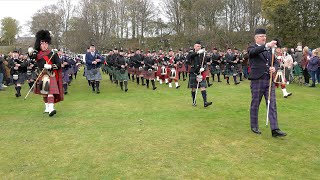 Massed pipe bands of Scottish Highlands playing I See Mull on the march in Crawl Park Alness 2023