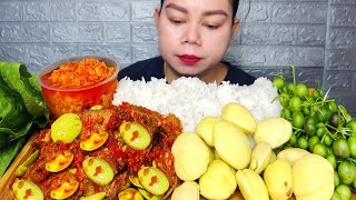 sambal daging sapi balado pete,jengkol muda,sambal tempoyak pedas,lalapan Mukbang