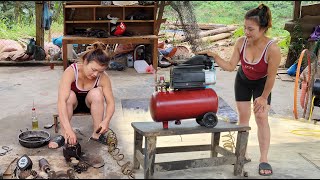 : The genius girl repairs and restores the farmer's 1/2hp STAR air compressor with oil