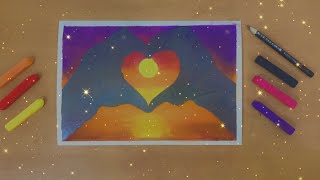 Heart shaped hand at sunset Drawing using soft paistel colors for beginners | step by step | screenshot 3