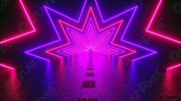Abstract digital background with rotating neon stars. Modern ultraviolet blue purple light spectrum