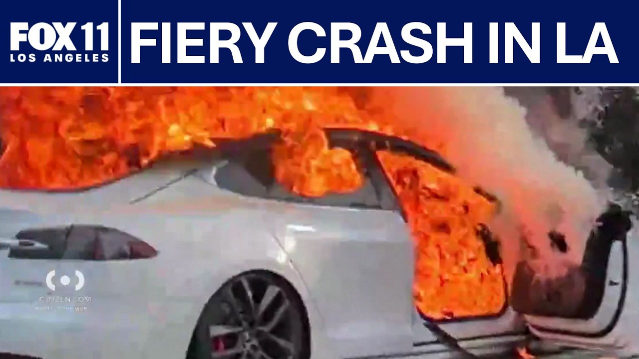 Tesla bursts into flames after crashing in Winnetka | FOX 11 LA - YouTube
