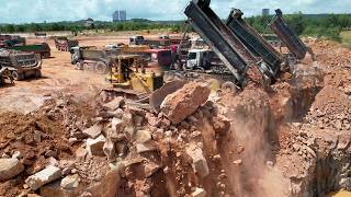 Best Project Large Size Big Stones Filling With Powerful Komatsu Dozer &amp; Dump Trucks Processing