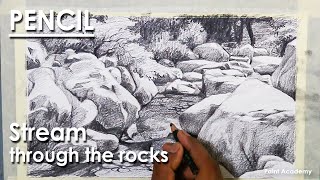 Pencil Drawing : A composition on stream flowing through the rocks