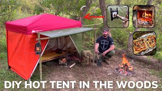 Solo Overnight Building a DIY Emergency Hot Tent in The Woods and Bacon French Bread Pizza