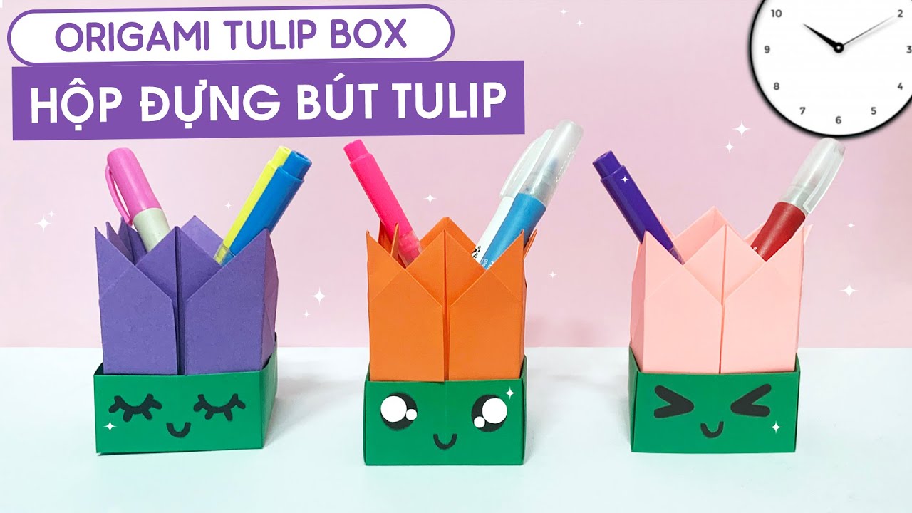 ORIGAMI TULIP BOX / HOW TO MAKE PAPER PEN PENCIL BOX / DIY SCHOOL SUPPLIES IDEAS