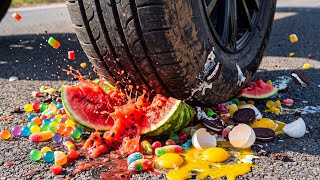 Giant Car Tire Crushing Fruits, Candy, Eggs & Oreo | Most Satisfying ASMR Ever! screenshot 1