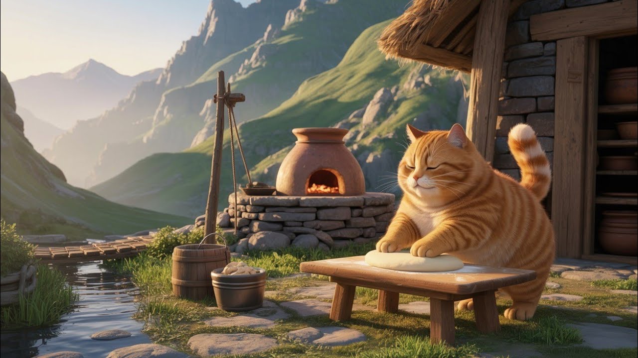 Fat Orange Cat Mountain Life | Peaceful Cooking, River Water & Simple Village Routine 🐱⛰️🍞