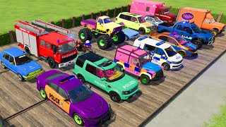 TRANSPORTING POLICE CARS, AMBULANCE, FIRE TRUCK, CARS, MONSTER TRUCK OF COLORS! WITH TRUCKS! - FS 22