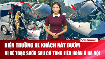 Sáng 27/11:Hiện trường xe khách bị xé toạc sườn sau cú tông liên hoàn ở Hà Nội khiến 1 người mắc kẹt