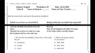 English worksheet 69 class 10th ,class 10th English worksheet 69 poem The Tale of Custard the Dragon