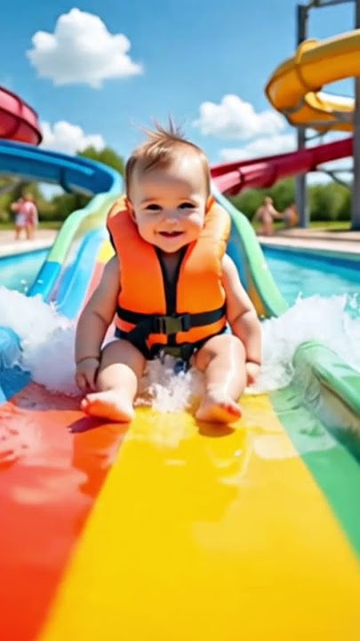 baby in waterpark doing fun sliding through slide and enjoying