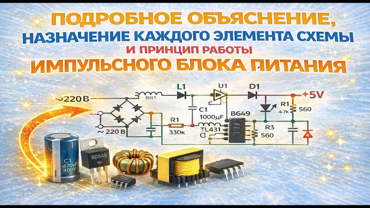 Подробное oбъяснение,  назначение каждого элемента схемы и принцип работы импульсного блока питания
