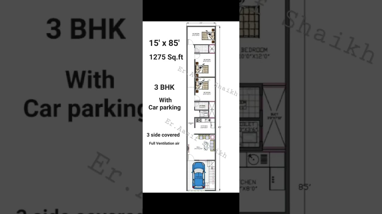 15' by 85' house plan || Ghar ka naksha 3BHK || 2d plan