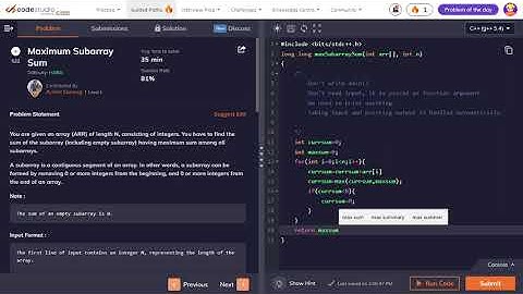 Maximum Sub Array Sum using C++,Coding Ninja solution