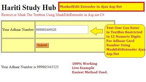 MaskedEdit Extender Control Using Ajax in Asp.Net C# | Hindi | Live Adhaar Card Example | Free Learn