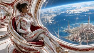 Golden Utopian Megacity Future City Journey in 4K (Sci-Fi Ambience) | Skyport + Flying Vehicles