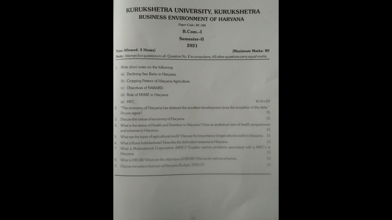 Business Environment of Haryana B.Com 2nd Sem KUK Previous Year Paper 2021