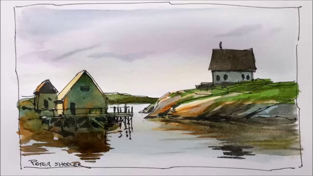 A line and wash watercolor demonstration of an East coast fishing