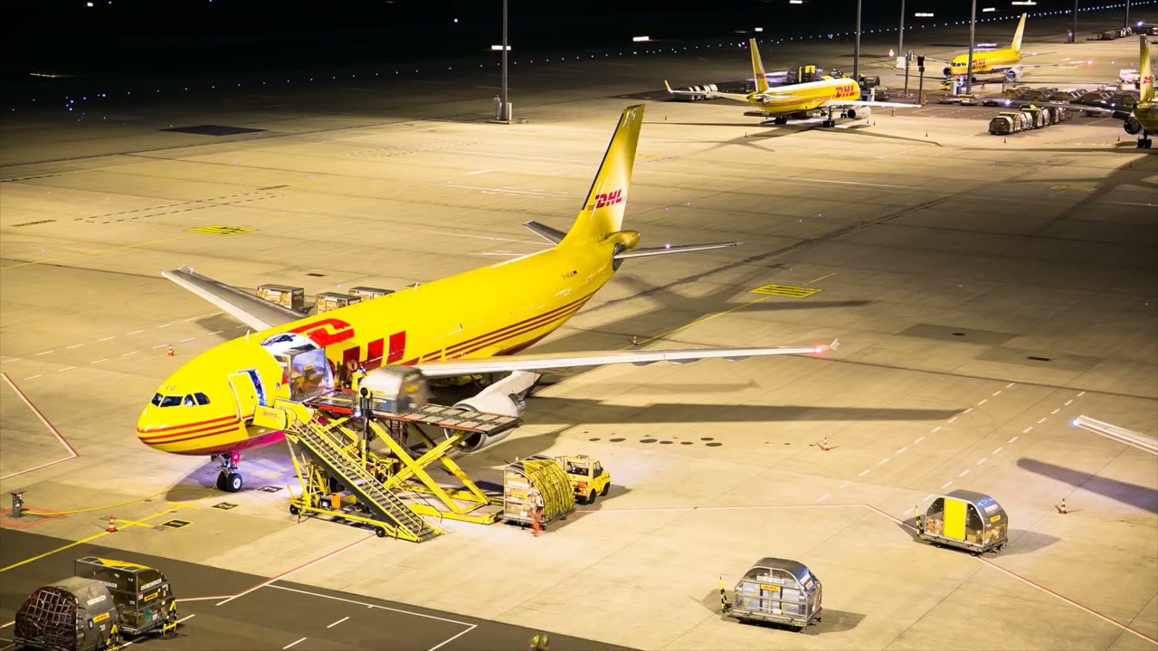 Night at the DHL hub in Leipzig
