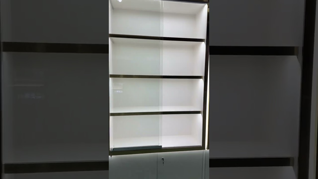 Amazing cosmetics store Wall display cabinet with golden rose color frame glass door 