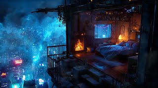A Serene Hideaway Above: Lofi Ambience & Fire Sounds | Heal Your Mind | Cyberpunk 2077
