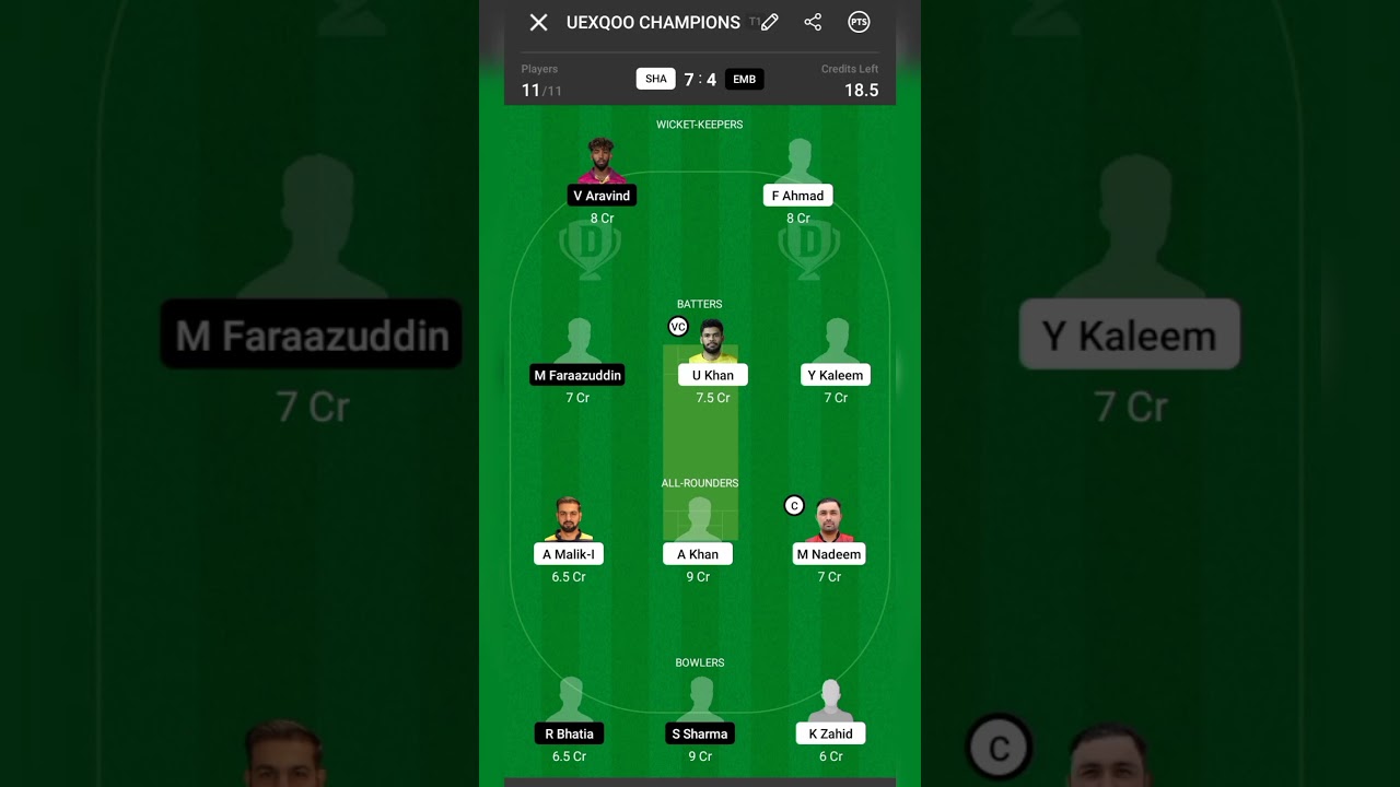 Sha vs emb match today team dream 11 // SHA VS EMB MATCH