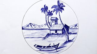 How to draw easy pen sketch scenery / Landscape pahar river side scenery drawing with pen sketch