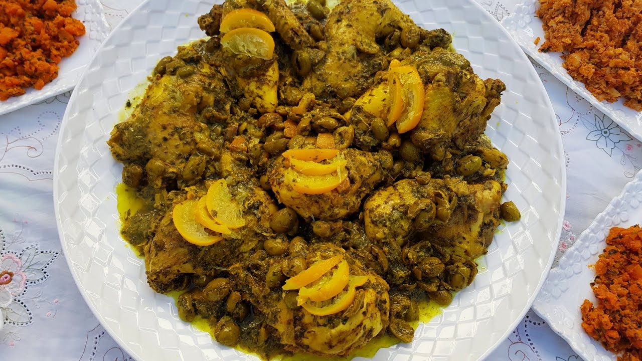 الدجاج مخضر بمسلالة من الأطباق المغربية التقليدية زعلوك الشفلور زعلوك خيزو  البطاطا محمرة بدون قلي