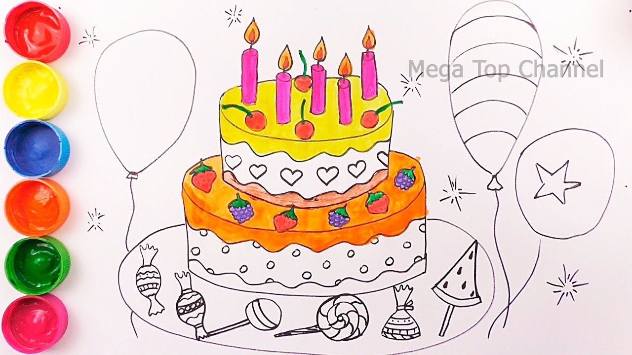 Learn Colors For Kids Birthday Cake Drawing And Coloring How To Draw Cake With Candles For Kids Youtube