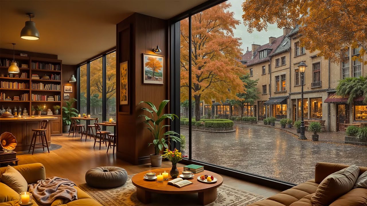 Warm Autumn Cafe Ambience 🍁 Gentle Piano Jazz & Rainy Street Vibes for Reading, Focus, Relaxation