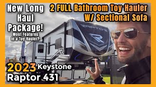2023 Keystone Raptor 431 | 2 Full Bathroom with Sectional Sofa Toy Hauler & NEW Long Haul Package!