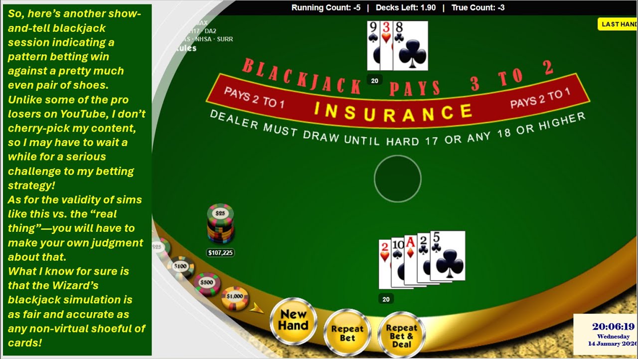 WINtelligent blackjack UP $7,225 in 22 mins GAG free but with some bigly betting across two shoes