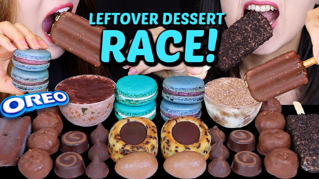 ASMR LEFTOVER DESSERT RACE! BLUE MACARONS, TIGER CAKE, CHOCOLATE CREAM PUFFS, OREO ICE CREAM, EGG 먹방