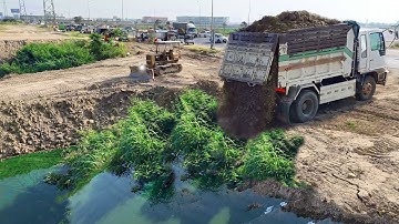 Wonderful Start New Project!Dump Truck Filling land Delete Huge lake, Skill Bulldozer Pushing Soil