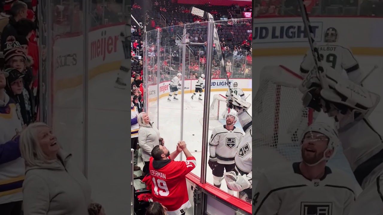 LA Kings goalie Rittich helps Gavrikov give puck to kid at Wings game! 🏒 