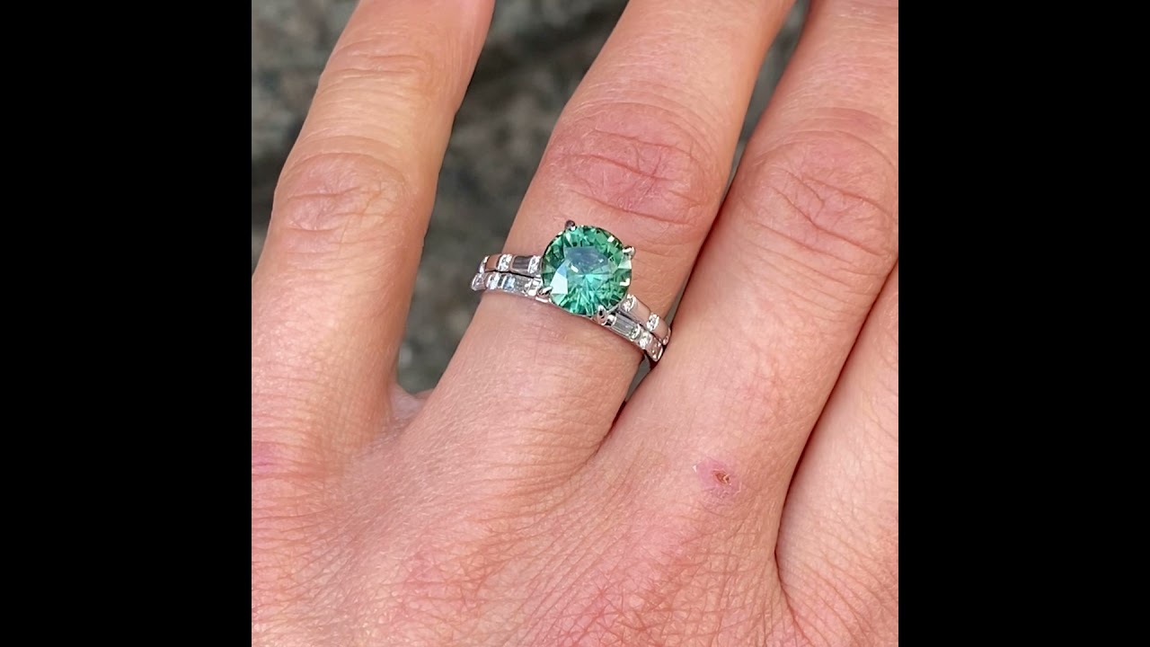 Round green sapphire & diamond engagement ring, Sydney jeweller Lizunova Fine Jewels