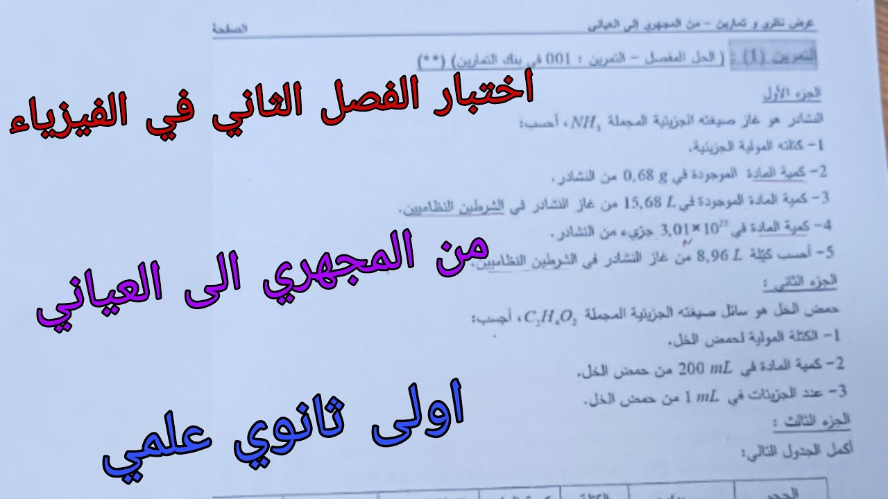 اختبار الفصل الثاني في الفيزياء للسنة الاولى ثانوي علمي حول من المجهري الى العياني 2024
