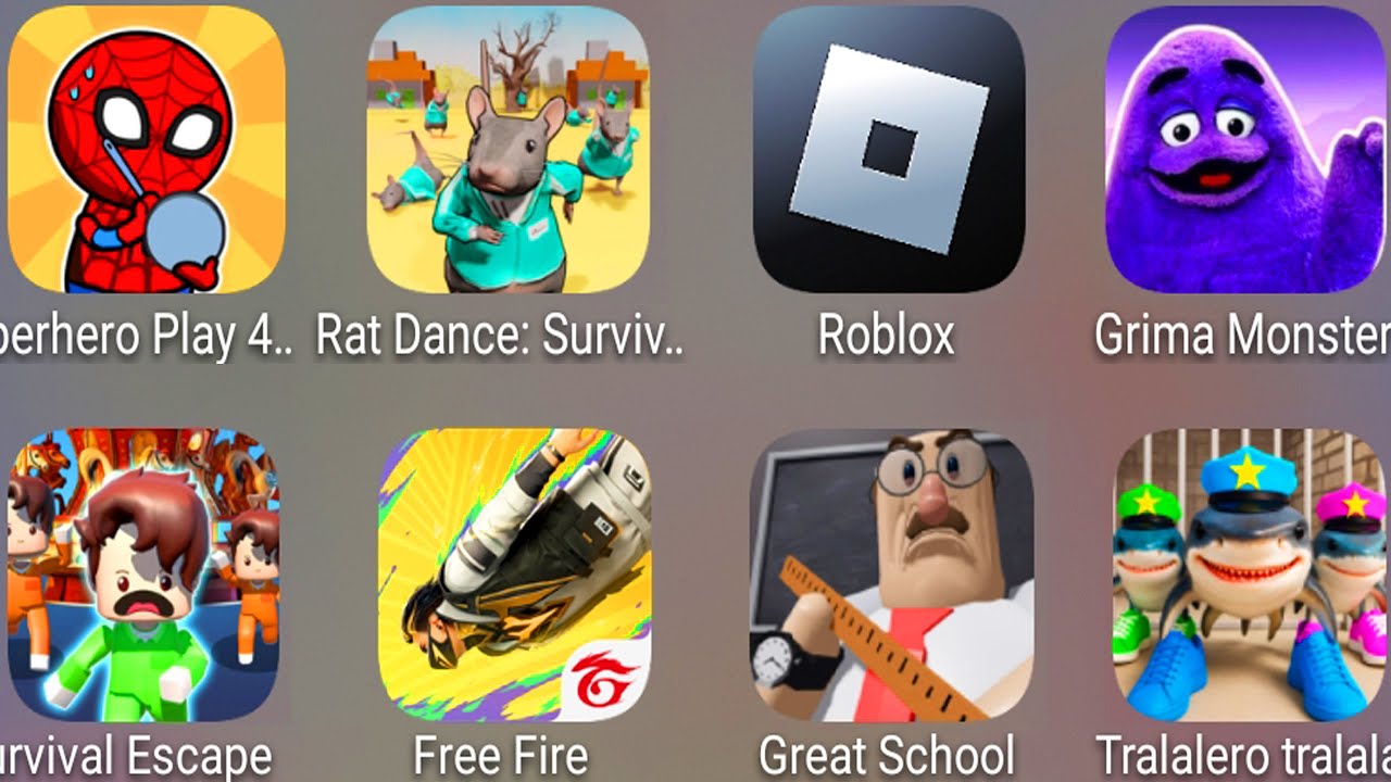 Superhero Play 456,Roblox,Grimace Monster,Free Fire,Rat Dance Survival Master,Great School Breakout