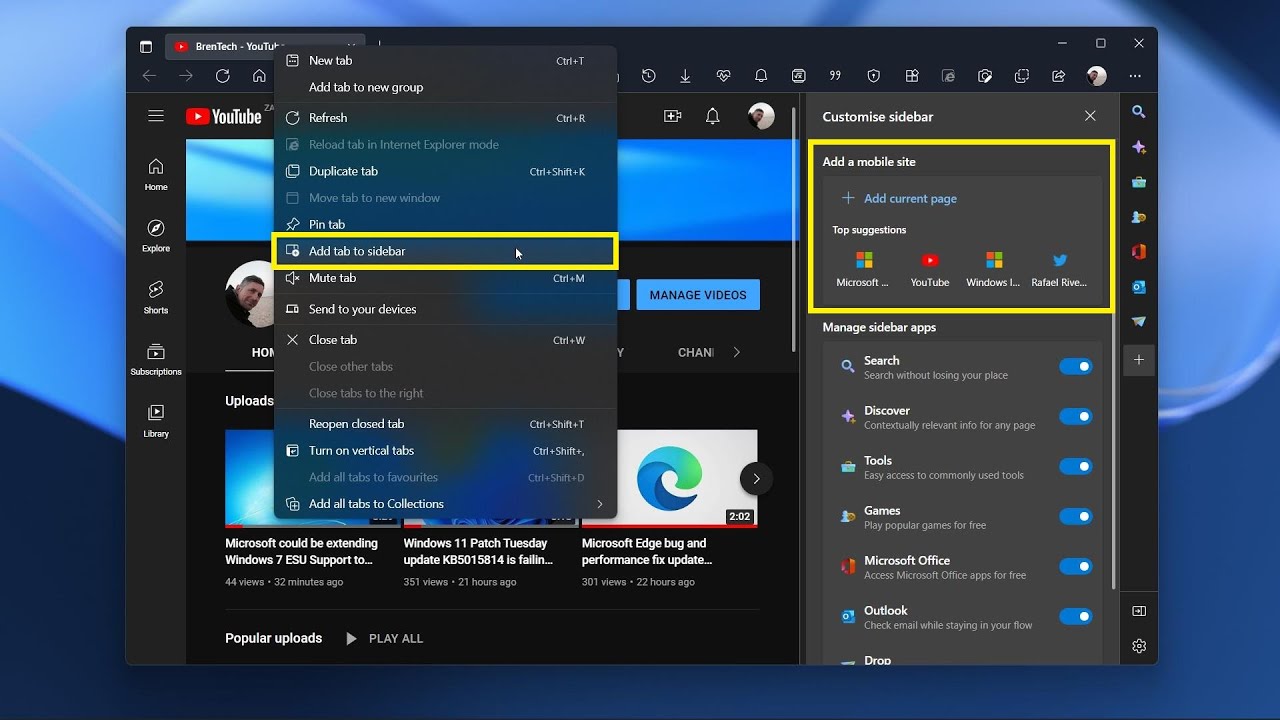 You Can Now Add And Display Websites In The Microsoft Edge Sidebar Youtube