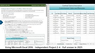 USING MICROSOFT EXCEL 2016 - Independent Project 2-4 - Central Sierra Insurance (Update 2025)