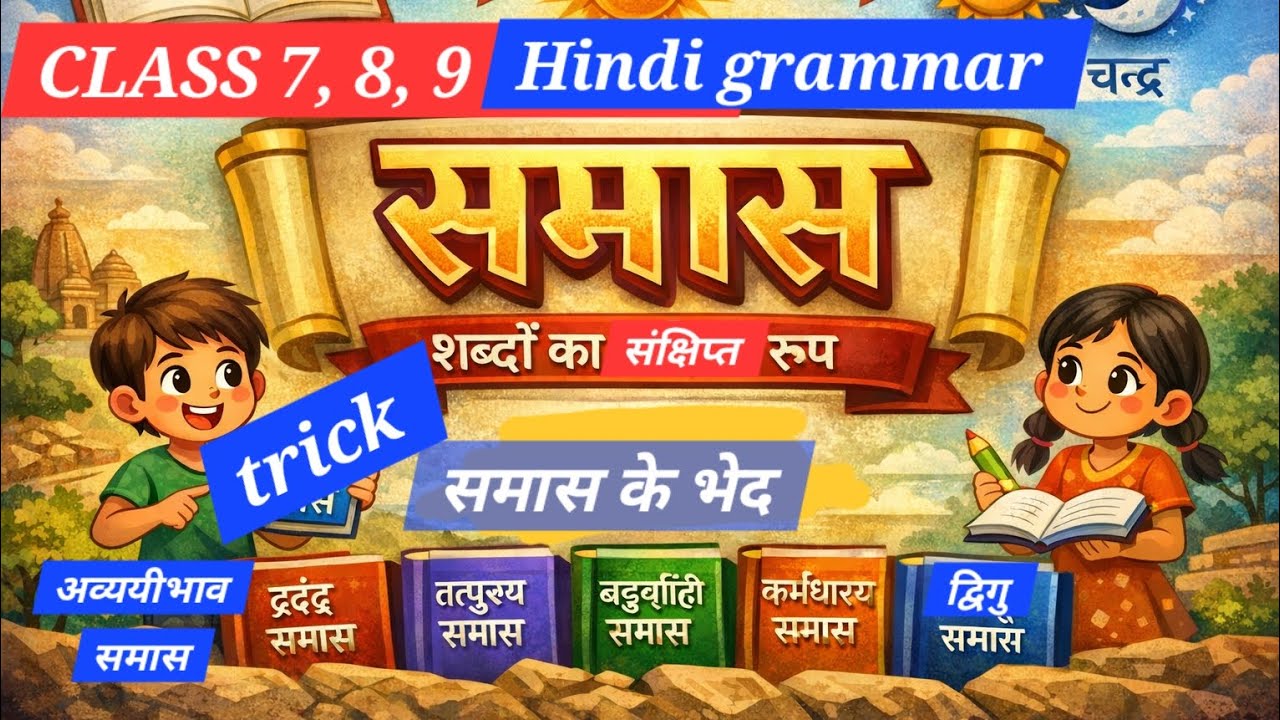 समास Hindi grammar। class 6 7th 8th 9th Samas ke Bhed बहुव्रीहि , तत्पुरुष,अव्ययीभाव,द्वंद समास 