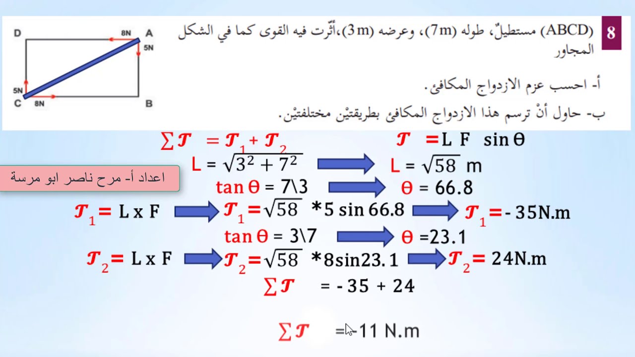 الدرس السادس و العشرون : حل اسئلة الفصل القوة و الحركة  فيزياء حادي عشر