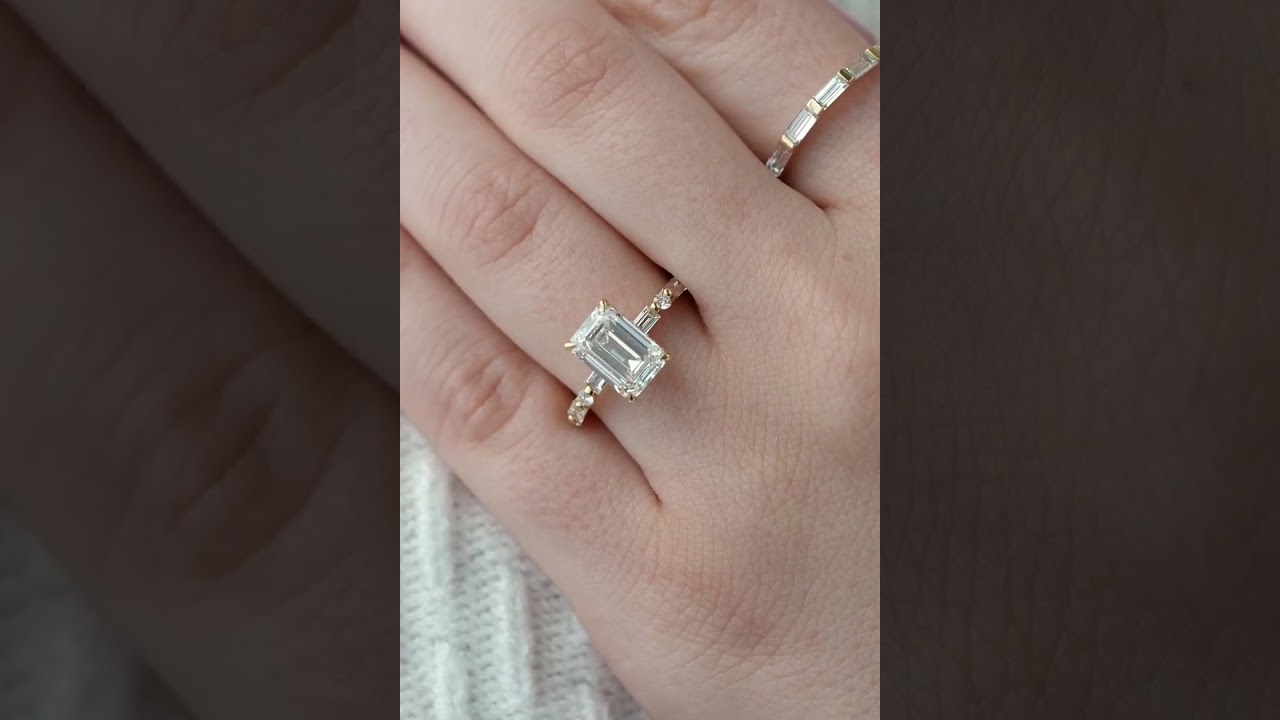 Emerald Cut Moissanite Diamond Hidden Halo Solitaire With Accent Ring 