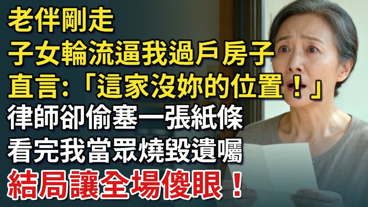 老伴剛走，子女輪流逼我過戶房子，直言「這家沒妳的位置！」律師卻偷塞一張紙條，看完我當眾燒毀遺囑……結局讓全場傻眼！【康養人生道】 #康養人生道 #上了年紀該明白的事 #養老 #聰明老人 #長壽