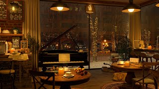 Rainy Night on Window at Cozy Coffee Shop with Relaxing Jazz Music for Study/Work to