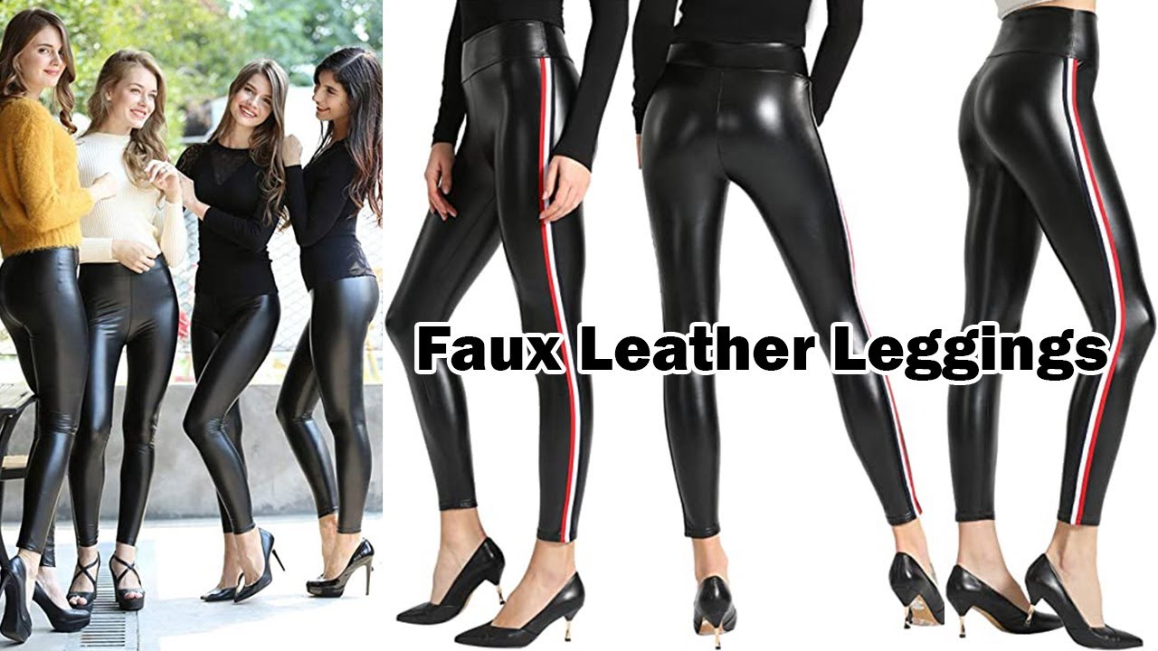 Stretchy Faux Leather Leggings Pants, Sexy Black High Waisted