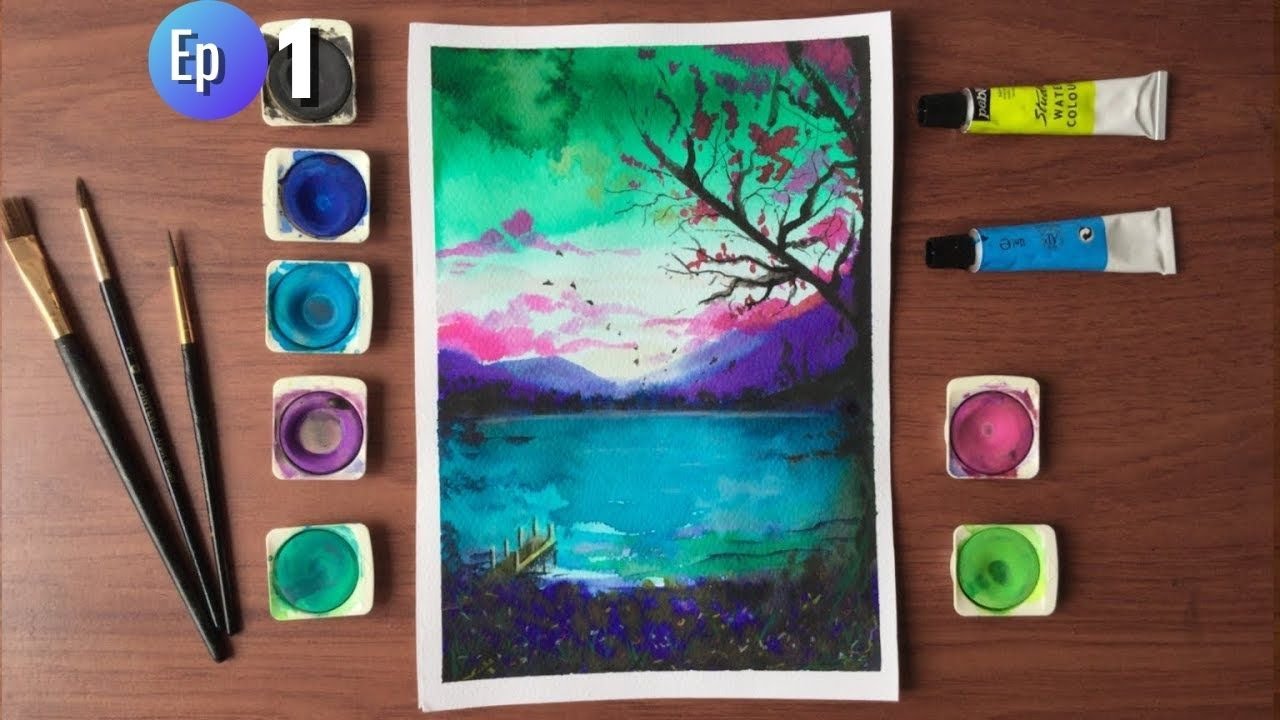 ACUARELA PARA PRINCIPIANTES #1 / LAGO Y ARBOL DE CEREZO