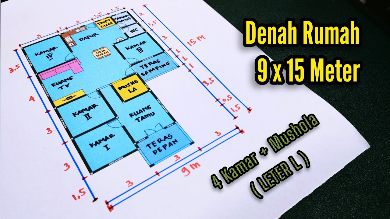 Desain Rumah 9x15 4 Kamar ( Leter L / Teras Samping ) - YouTube