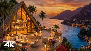 Peaceful Summer Jazz ☕ Cozy Seaside Cafe Terrace Ambience with Fireplace & Sunset Views for Relax